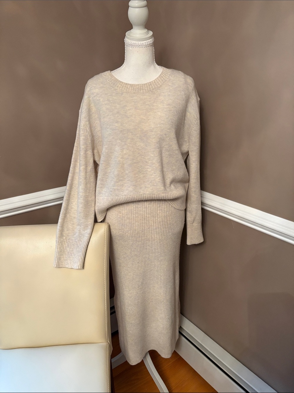 Cable & Gauge Beige Ribbed Midi Skirt and Sweater Set